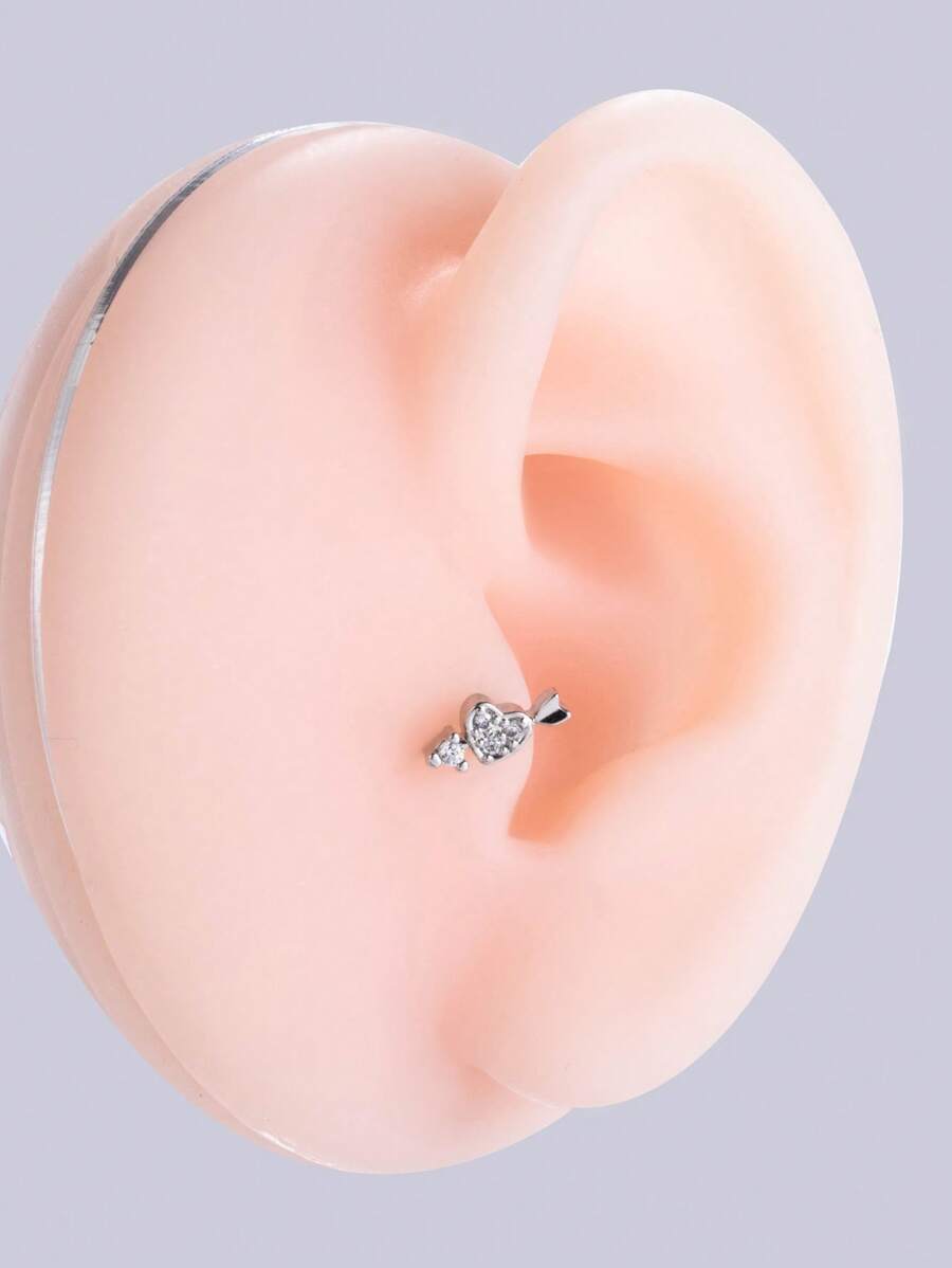 1 chiếc khuyên tai xỏ sụn bằng thép không gỉ hình mũi tên xuyên qua trái tim tinh xảo có đính đá giả kim cương giả siêu nhỏ - Bạc - Xem 1