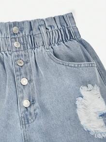 SHEIN EZwear 紙袋腰破洞卷邊牛仔短褲 - 淺色水洗藍 - 查看 5