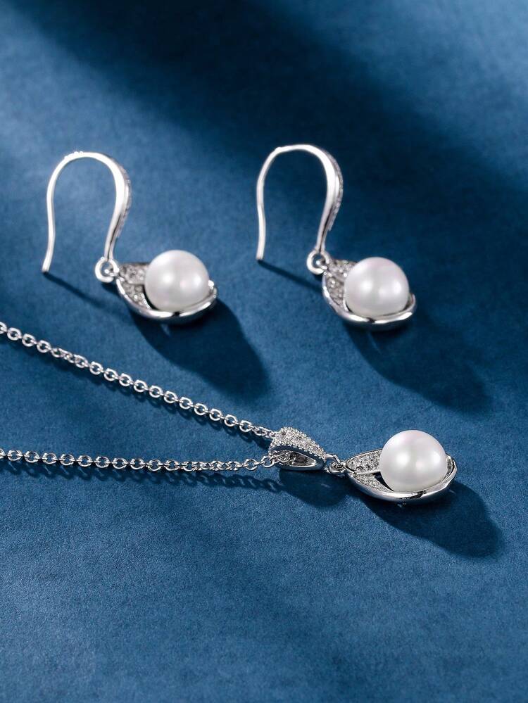 chiếc Đồng Đính Đá Cubic Zirconia Ngọc Trai Hình Giọt Nước Bộ Trang Sức Dành Cho Phụ Nữ Sang Trọng, Bao Gồm Bông Tai Và Vòng Cổ - Bạc - Xem 2