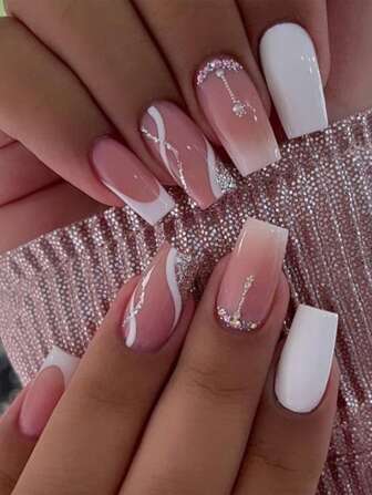 Uppgradera omedelbart din look med 24 st lång kista vit fransk glitter gradientlinjer Randiga falska nagel & 1 arks tejp & 1 st nagelfil Press On Nails Nageltillbehör