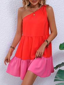 SHEIN Holidaya Two Tone One Shoulder Ruffle Hem Dress - Red - View 1