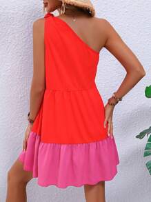 SHEIN Holidaya Two Tone One Shoulder Ruffle Hem Dress - Red - View 2