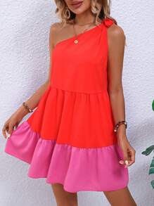 SHEIN Holidaya Two Tone One Shoulder Ruffle Hem Dress - Red - View 5