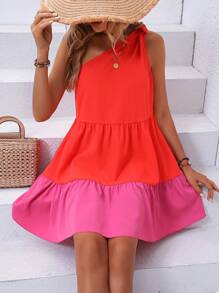 SHEIN Holidaya Two Tone One Shoulder Ruffle Hem Dress - Red - View 6
