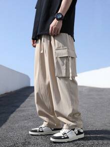 Manfinity EMRG 男士側翻蓋口袋腰部抽繩工裝褲 - 卡其色 - 查看 1