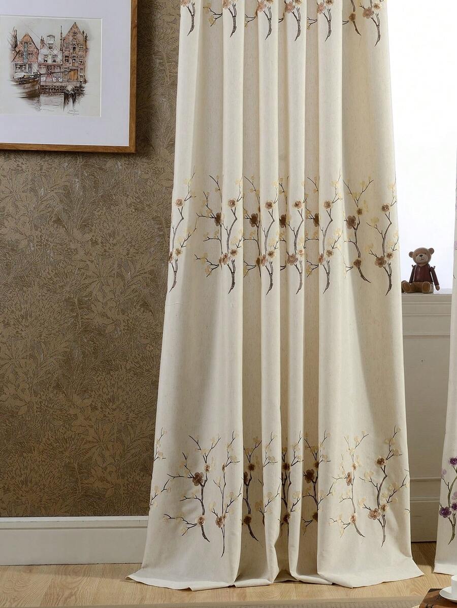 1pc Embroidered Semi-Sheer Curtain, Floral Pattern Pastoral Style For Living Room Home Use