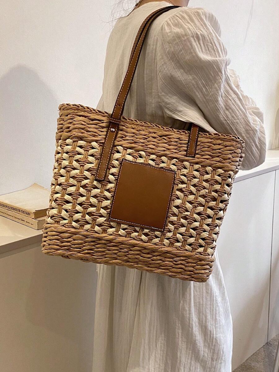 Bolsa de mimbre con diseño de parche pequeño vacación - Caqui - Ver 1