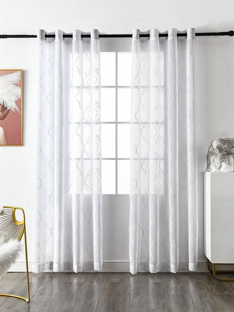 刺繡細節單面板透明窗簾滌綸濾光隱私透明窗簾適用於客廳和臥室 - 白色 - 查看 1