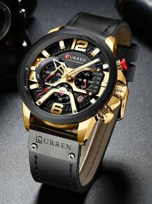 Curren 1件 PU皮革錶帶石英計時腕錶 - 金色 - 查看 2