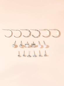 9pairs/set Faux Pearls & Brick & Cat Eye Stone & Heart & Large Circle Stud Earrings Set - Yellow Gold - View 3