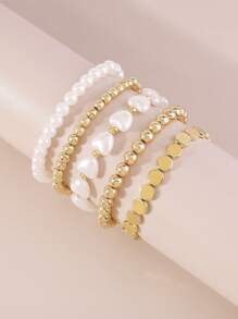 Mydear 5pcs/Set Fashionable & Elegant Faux Pearl Heart Beaded Bracelet Set, Suitable For Women's Daily Wear - Yellow Gold - View 6