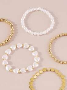 Mydear 5pcs/Set Fashionable & Elegant Faux Pearl Heart Beaded Bracelet Set, Suitable For Women's Daily Wear - Yellow Gold - View 7