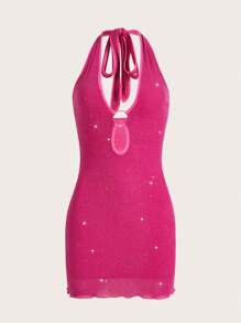 SHEIN ICON 鏤空後背繫帶木耳邊金屬亮絲緊身洋裝 - 玫紅色 - 查看 1
