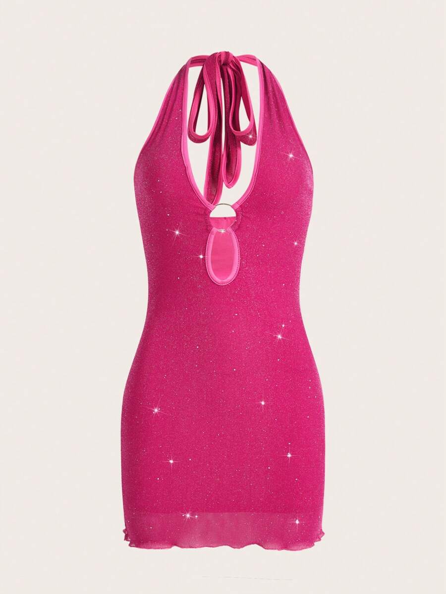 SHEIN ICON 鏤空後背繫帶木耳邊金屬亮絲緊身洋裝 - 玫紅色 - 查看 1