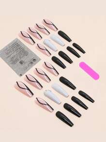 Nâng tầm phong cách của bạn với 24 chiếc móng tay giả sọc đen trắng đính đá dài & 1 tờ băng dính & 1 chiếc giũa móng tay, dụng cụ làm móng - Đen và trắng - Xem 2