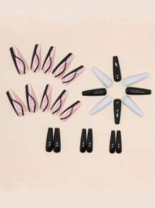 Nâng tầm phong cách của bạn với 24 chiếc móng tay giả sọc đen trắng đính đá dài & 1 tờ băng dính & 1 chiếc giũa móng tay, dụng cụ làm móng - Đen và trắng - Xem 3