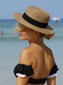 1pc Women Two Tone Boho Straw Hat For Outdoor Travel Valentine's Day Valentines