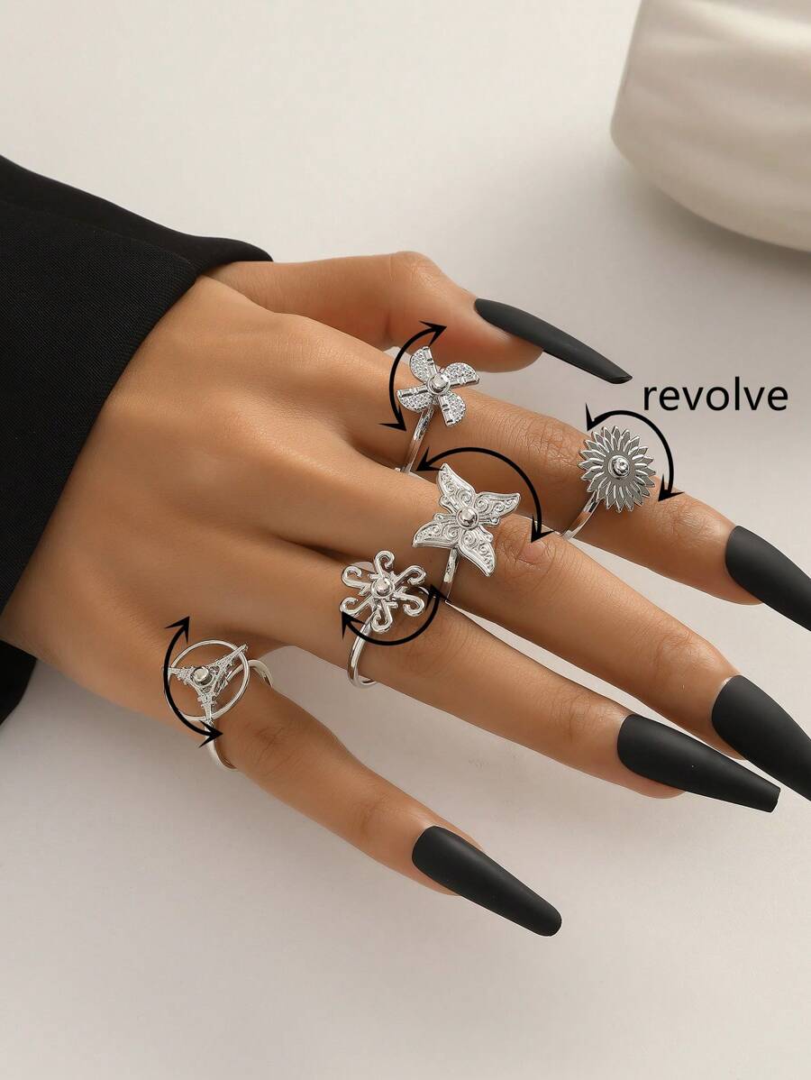 5pcs Random Assorted Butterfly & Flower Pattern Rotating Ring Set For Women - Silver - View 1