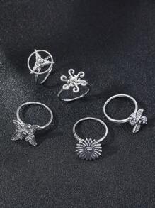 5pcs Random Assorted Butterfly & Flower Pattern Rotating Ring Set For Women - Silver - View 3