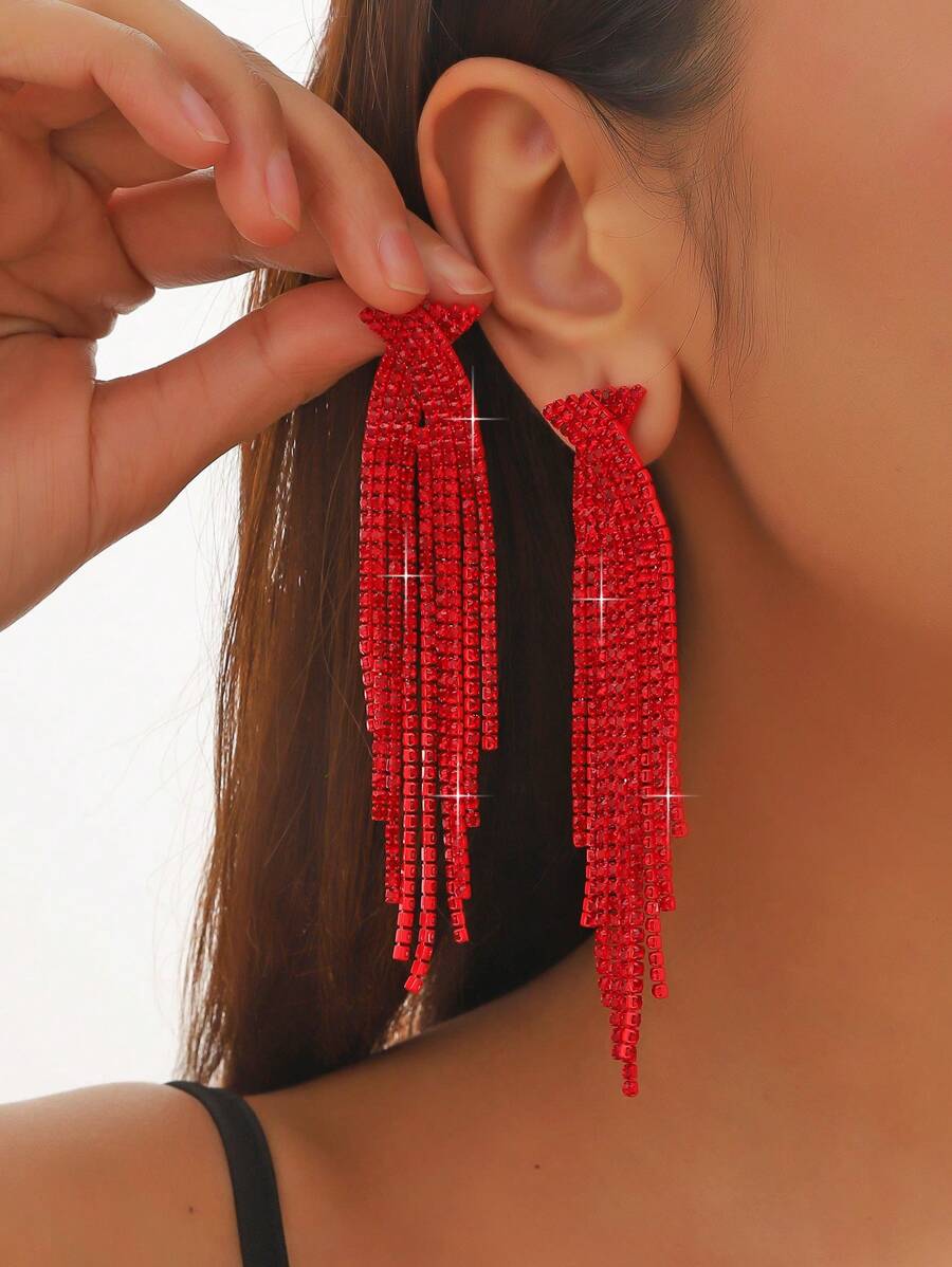 1pair Luxury Rhinestone Tassel Drop Earrings For Women For Daily Decoration - Red - View 1