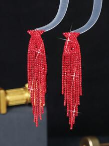 1pair Luxury Rhinestone Tassel Drop Earrings For Women For Daily Decoration - Red - View 2