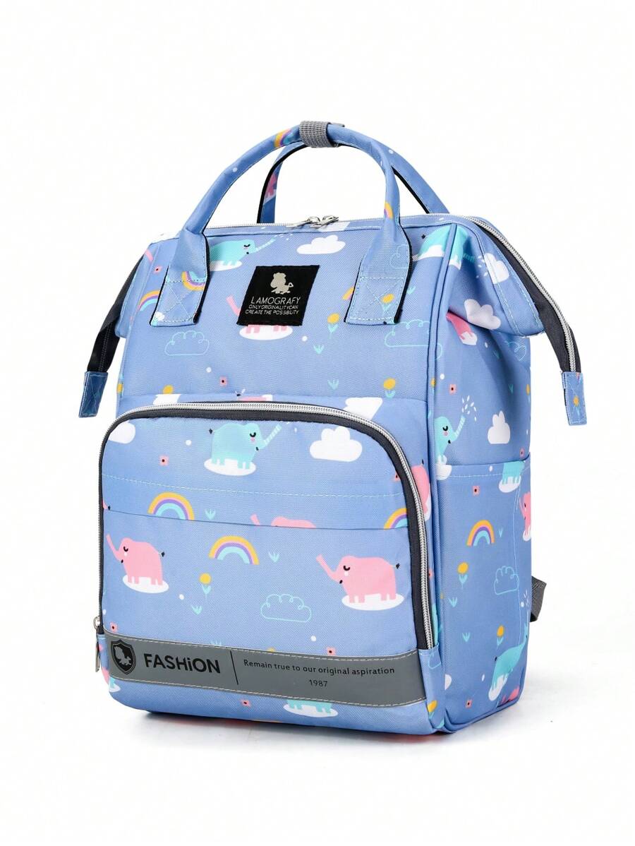 1pc Baby Elephant & Rainbow Pattern Huge-capacity Backpack Diaper Bag - Multicolor - View 1