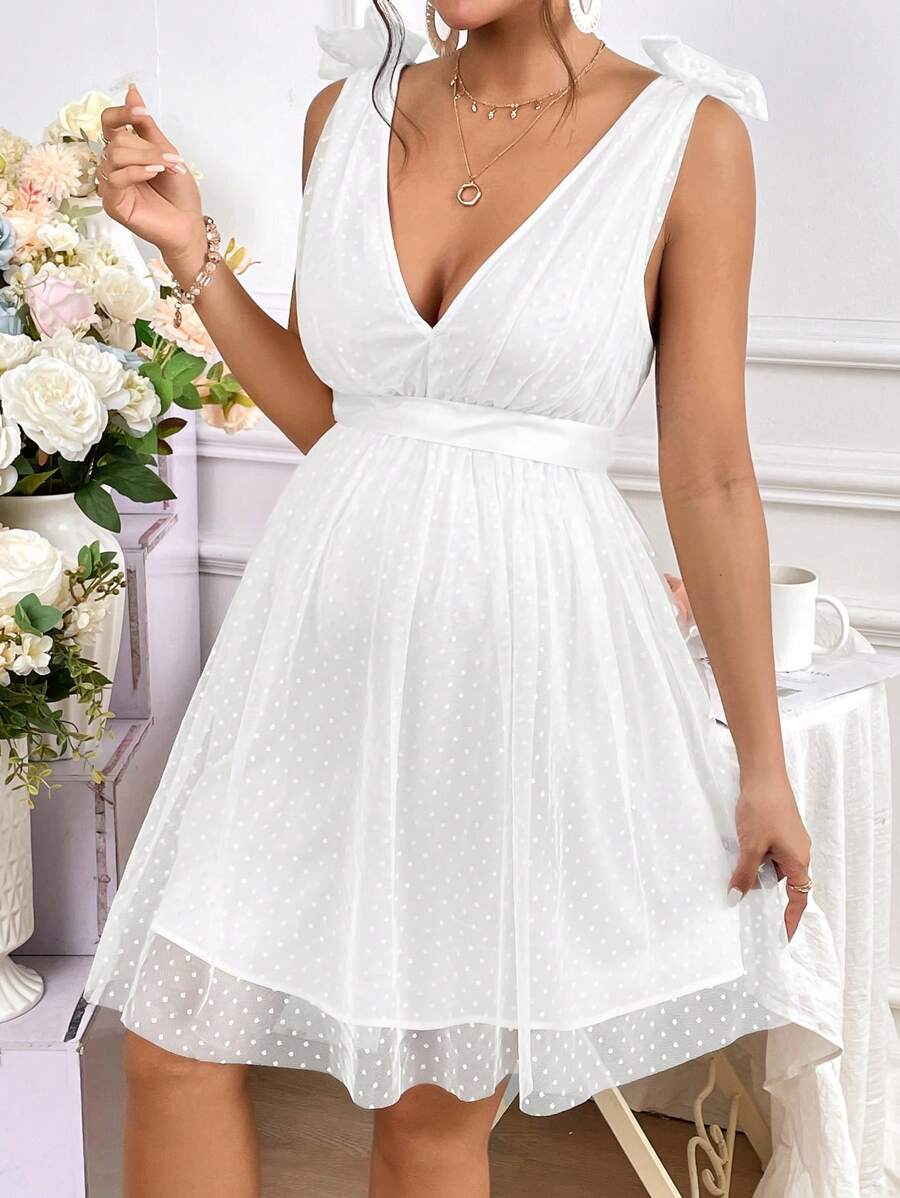 SHEIN Maternity Bow Shoulder Dobby Mesh Overlay Belted Dress - White - View 1