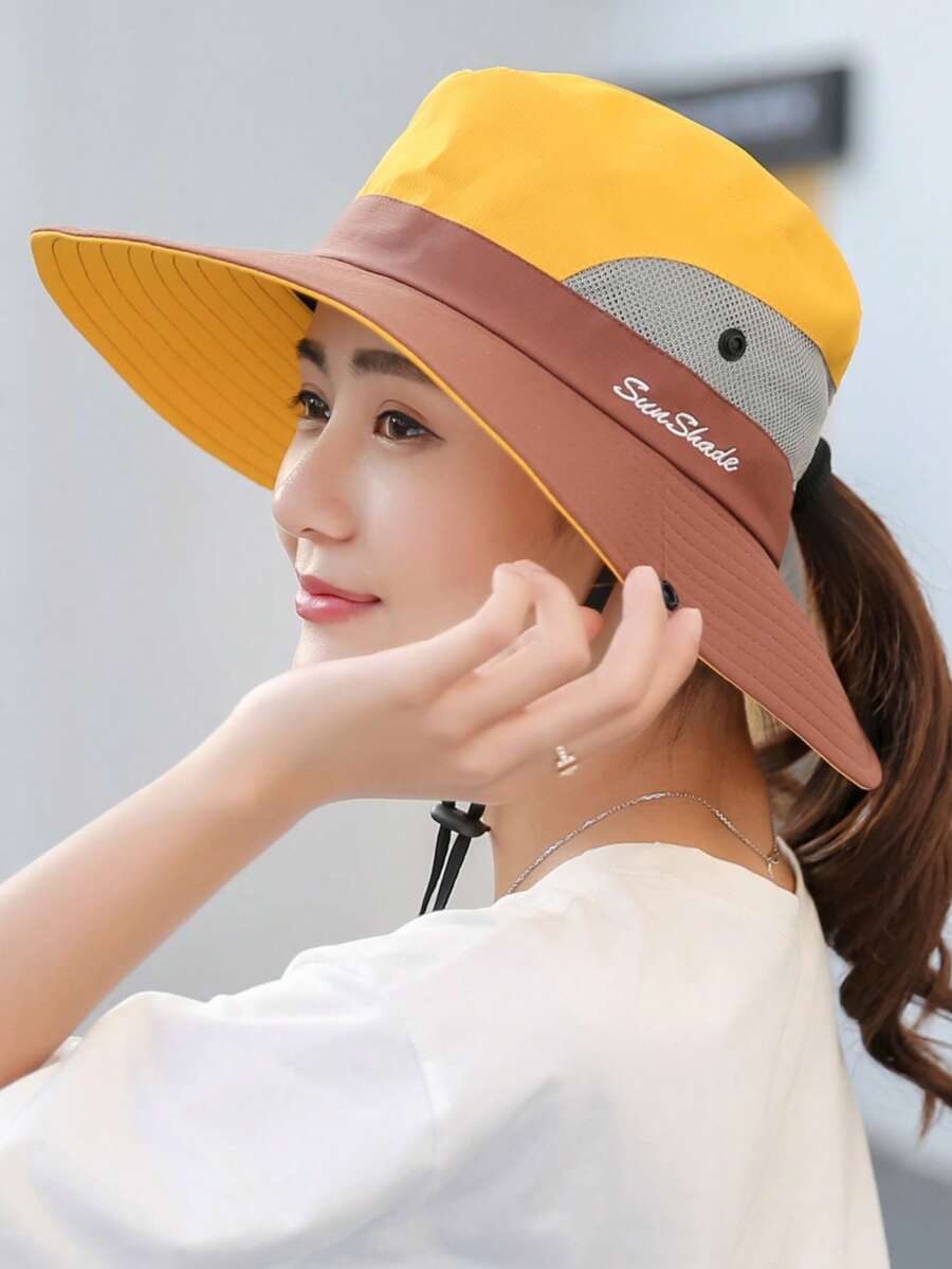 1入組女性撞色字母刺繡休閒漁夫帽適用於日常 - 黃色 - 查看 1