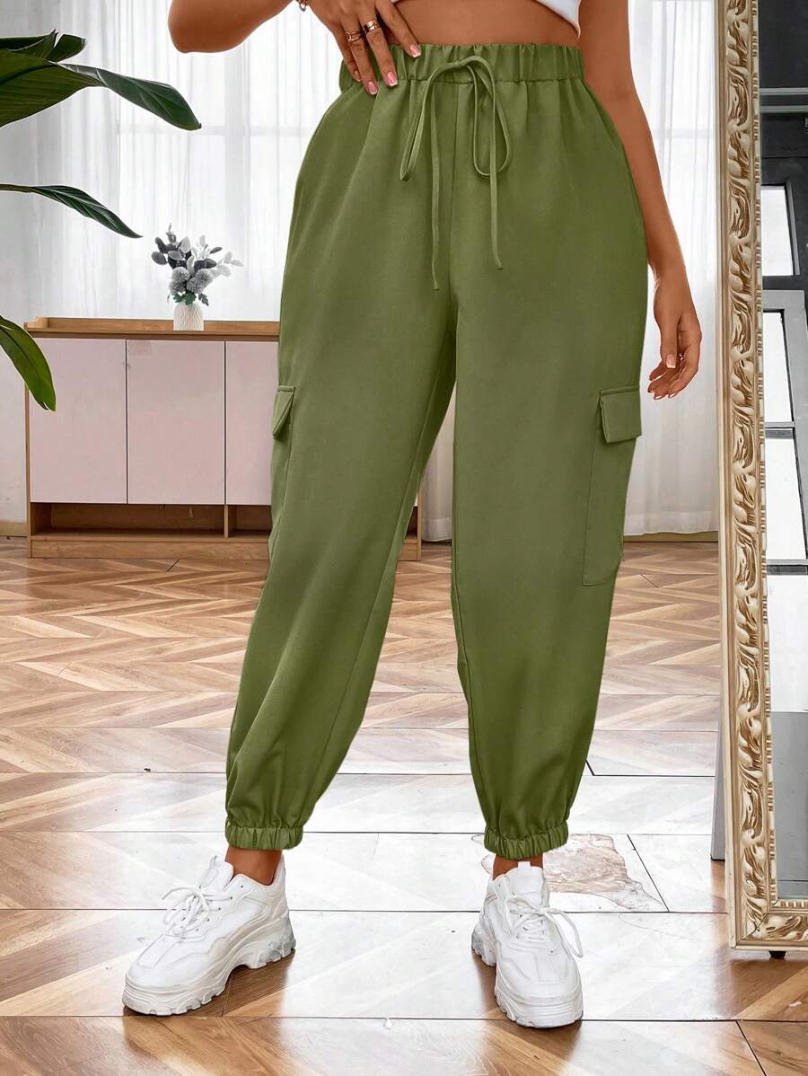 Flirla Plus Flap Pocket Side Tie Waist Cargo Pants - Army Green - View 1