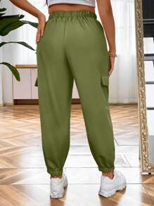 Flirla Plus Flap Pocket Side Tie Waist Cargo Pants - Army Green - View 2