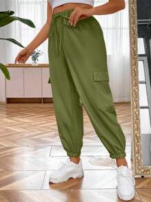 Flirla Plus Flap Pocket Side Tie Waist Cargo Pants - Army Green - View 5