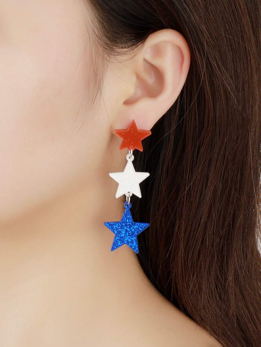 1對時尚美國國旗顏色星星懸垂耳環適合女士適用於美國獨立日 - 彩色 - 查看 1