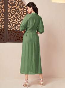 Al Najma Mock Neck Batwing Sleeve Fold Pleated Detail Dress - Olive Green - View 2