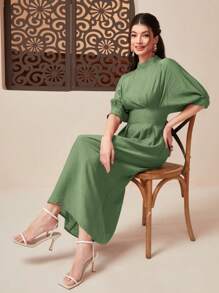 Al Najma Mock Neck Batwing Sleeve Fold Pleated Detail Dress - Olive Green - View 3