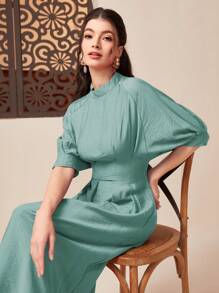 Al Najma 小高領蝙蝠袖褶皺細節連衣裙 - 薄荷藍 - 查看 5