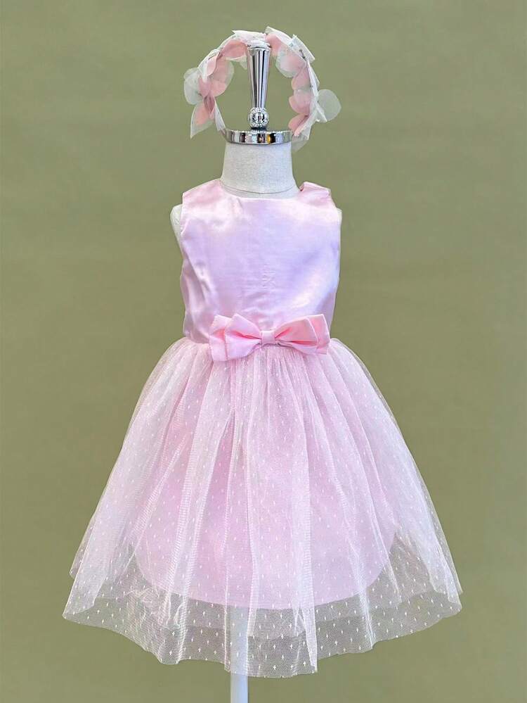 Young Girls Bow Front Mesh Overlay Party Dress