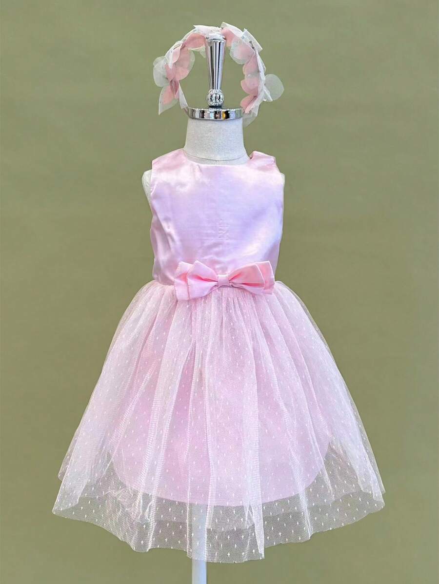 SHEIN Young Girls Bow Front Mesh Overlay Party Dress - Pink - View 1