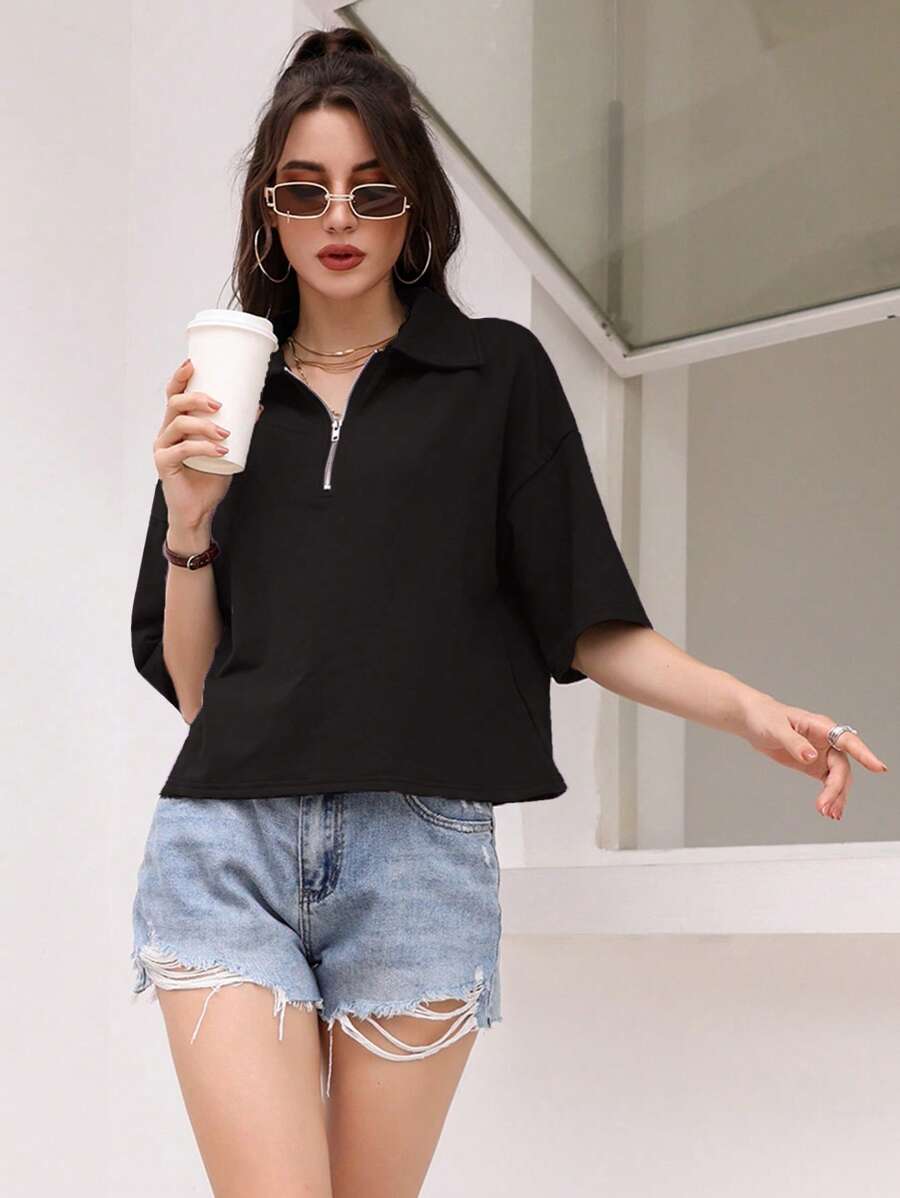 Mulvari 半拉鏈落肩T恤 - 黑色 - 查看 1