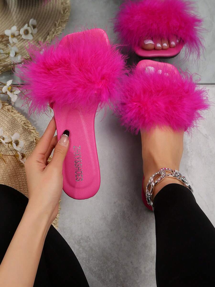 Women Fluffy Decor Flat Sandals, Glamorous Hot Pink Slide Sandals - Hot Pink - View 1