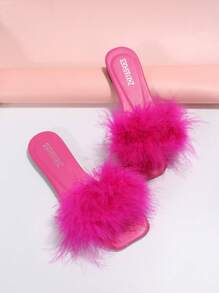 Women Fluffy Decor Flat Sandals, Glamorous Hot Pink Slide Sandals - Hot Pink - View 3