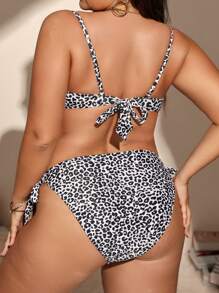 SHEIN Swim Curve 大尺碼豹紋側繫帶比基尼套裝夏季海灘 - 黑與白 - 查看 2