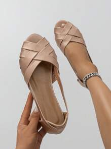 女性交叉帶露趾人造皮革優雅平底鞋 - 香檳色 - 查看 1