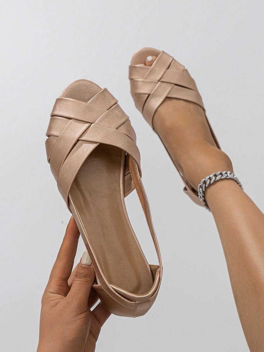 女性交叉帶露趾人造皮革優雅平底鞋 - 香檳色 - 查看 1