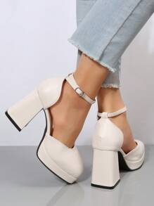 女士经典皮革粗跟高跟鞋，时尚舒适，适合户外穿着，优雅玛丽珍鞋款，适合派对场合，女士厚底高跟鞋 - 米色 - 查看 2