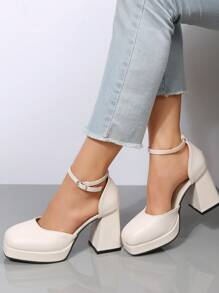 女士经典皮革粗跟高跟鞋，时尚舒适，适合户外穿着，优雅玛丽珍鞋款，适合派对场合，女士厚底高跟鞋 - 米色 - 查看 1