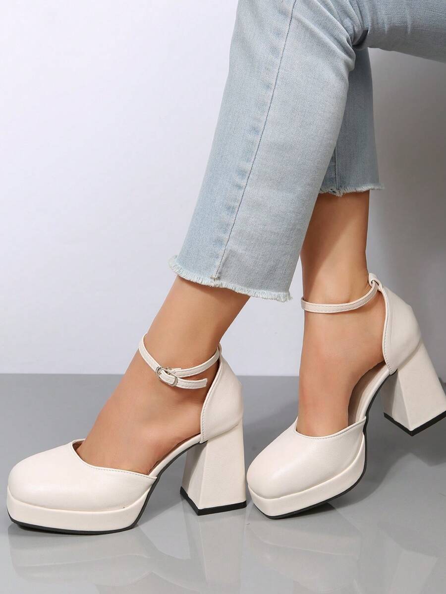 女士经典皮革粗跟高跟鞋，时尚舒适，适合户外穿着，优雅玛丽珍鞋款，适合派对场合，女士厚底高跟鞋 - 米色 - 查看 1