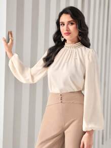 Modelyn Mock Neck Lantern Sleeve Ruched Front Satin Top - Beige - View 1