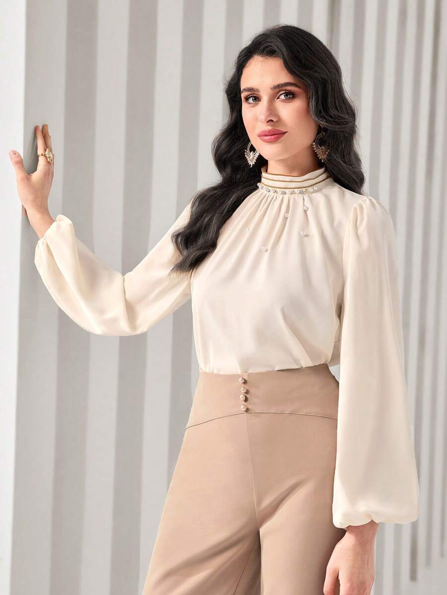 Modelyn Mock Neck Lantern Sleeve Ruched Front Satin Top - Beige - View 1