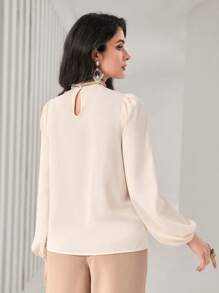 Modelyn Mock Neck Lantern Sleeve Ruched Front Satin Top - Beige - View 2