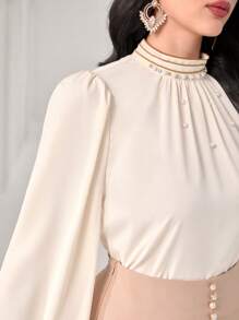 Modelyn Mock Neck Lantern Sleeve Ruched Front Satin Top - Beige - View 3